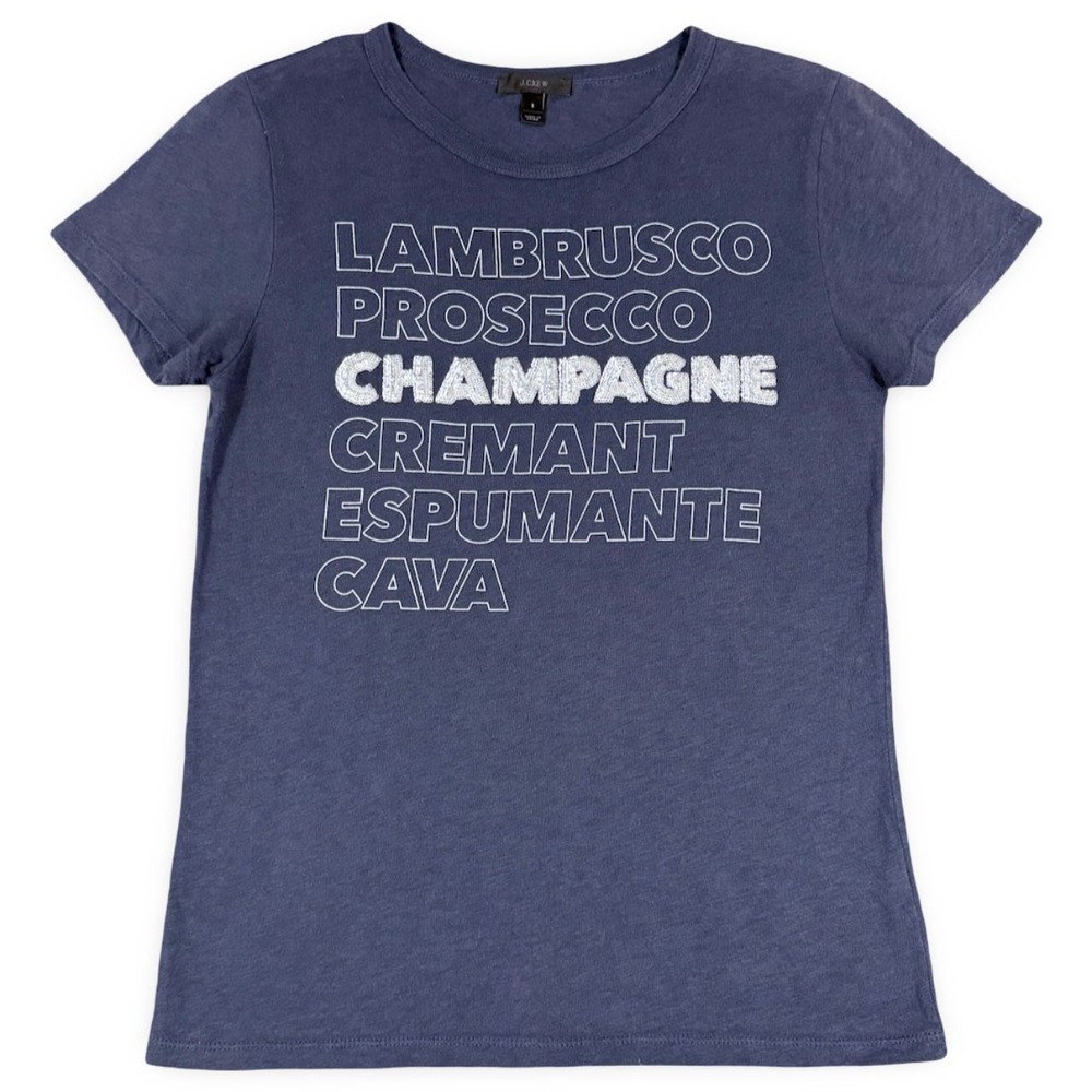 J.Crew Womens S Blue Slub Cotton Sequin Champagne Wine Lover Graphic Tee H4553